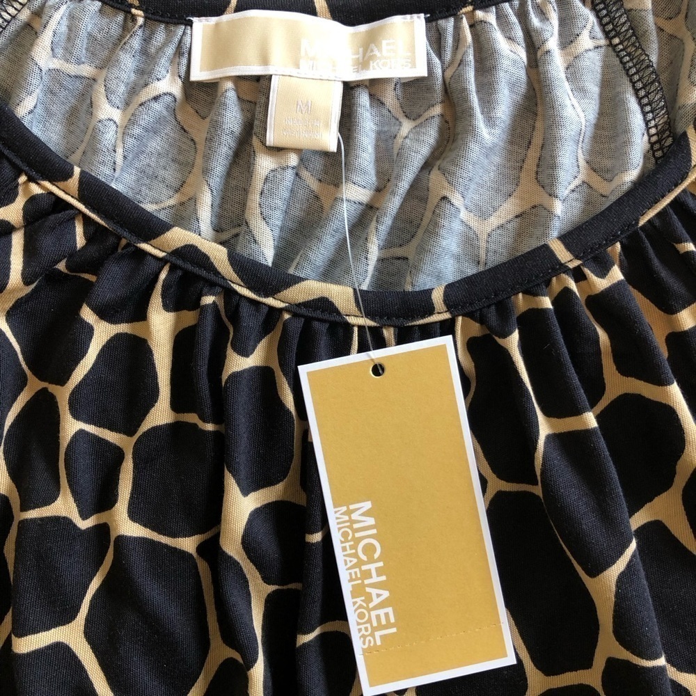 Michael Kors Flutter Sleeve Top Pullover Blouse Medium Black Khaki Giraffe-NWT - Picture 9 of 9